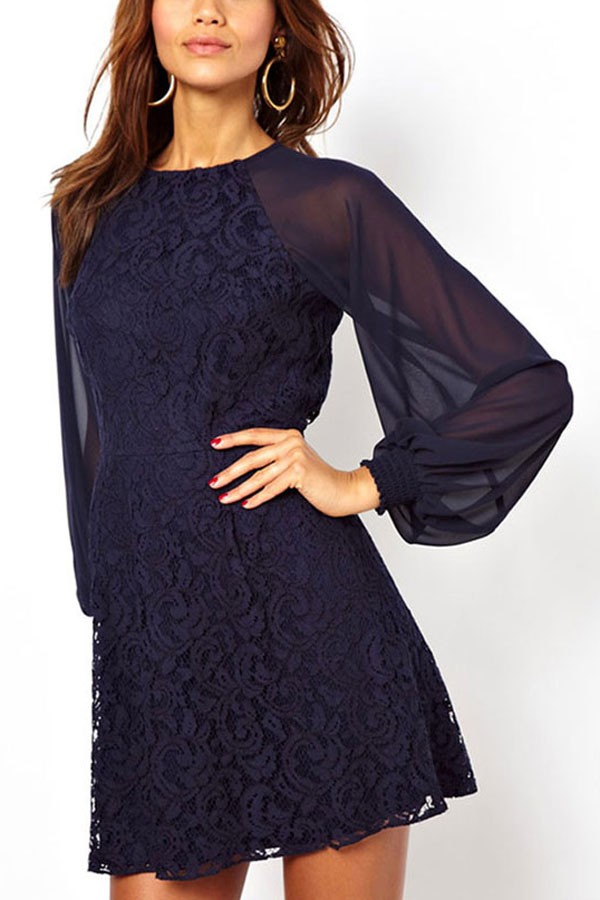 Dark Blue Long Sleeve Lace Dress : Different Occasions
