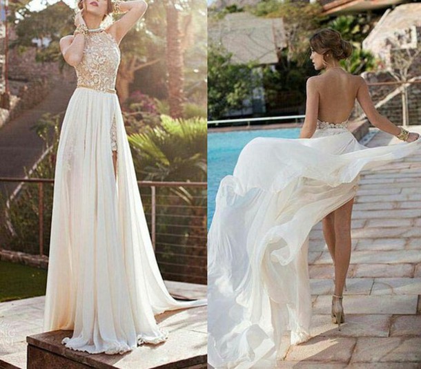 White And Gold Halter Prom Dress : Fashion Week Collections
